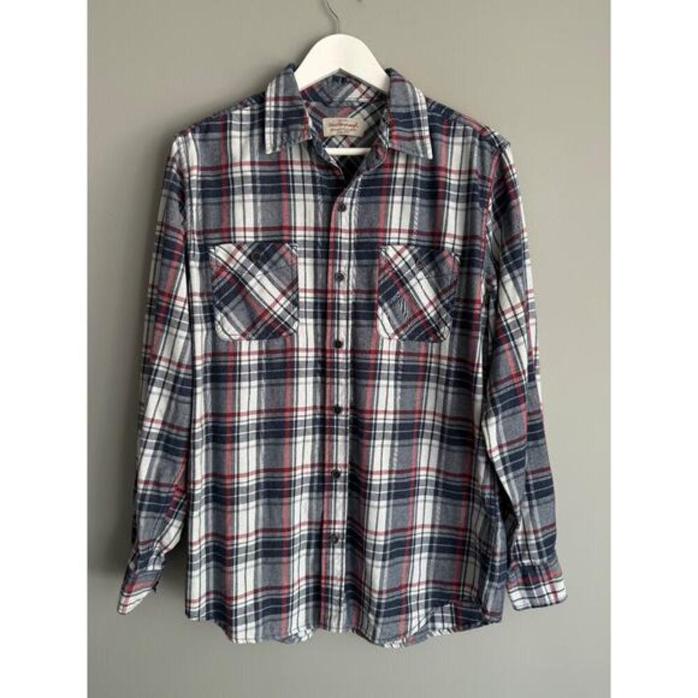 Weatherproof Vintage Men's M Flannel Shirt Navy Red Plaid Button Front Cotton